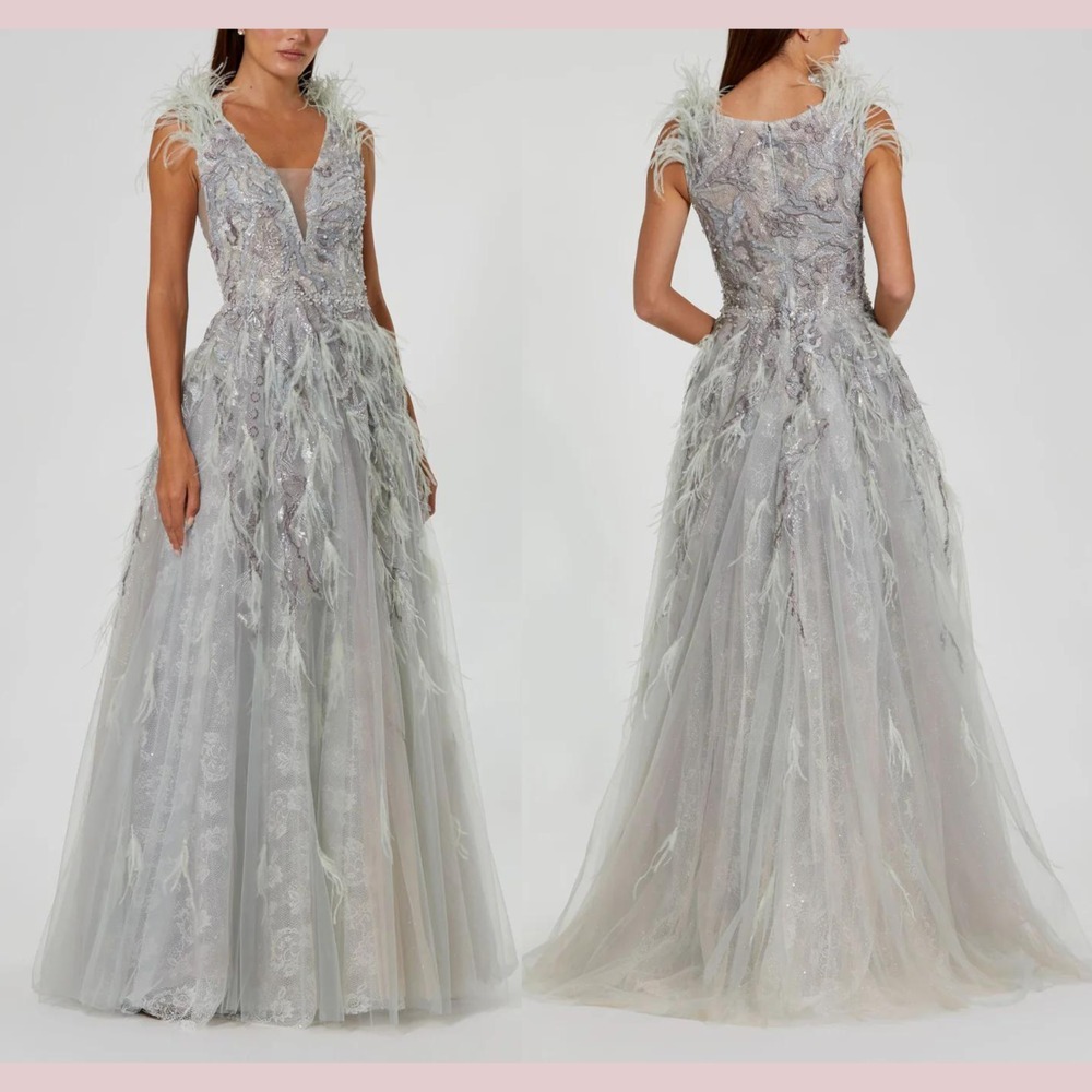 NWT Mac Duggal [ 16 ] 20259 Embellished Feathered Sleeveless A Line Gown Seamist